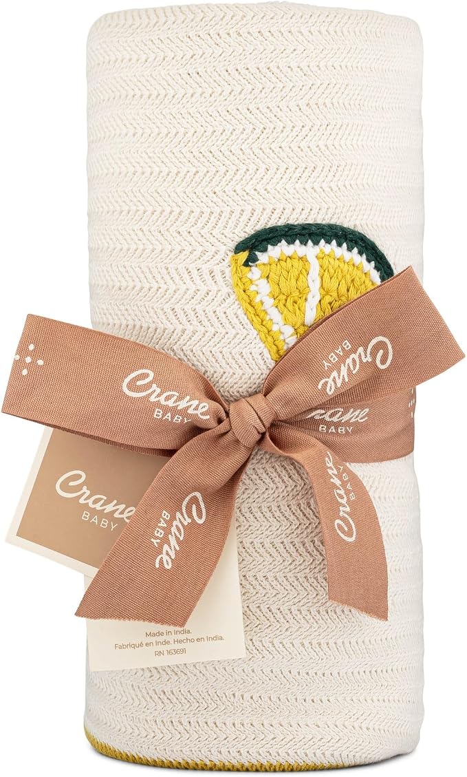 Crane Baby Cotton Knit Baby Blanket, Lemon Embroidered Knitted Stroller Blanket for Boys and Girls, Soft Lightweight Gender Neutral Crib Blanket, Cream and Yellow Nursery Decor, 30" x 40"