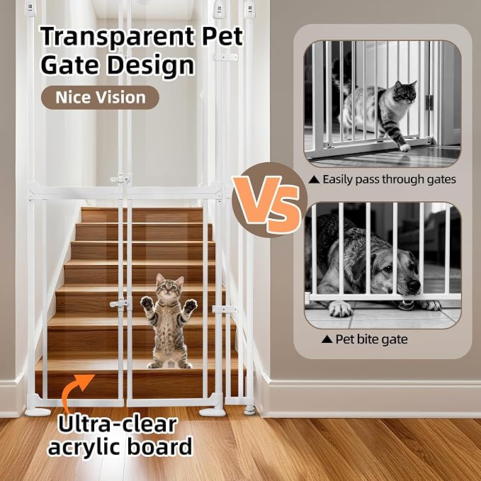 NiceTCU 74.80-98.43'' Extra Tall Cat Gate, Adjustable 33.86-37.40" Wide, Transparent Full Door Pet Gate, Auto Close No Drilling Cat Proof Safety Gate for Doorway Stairs- White