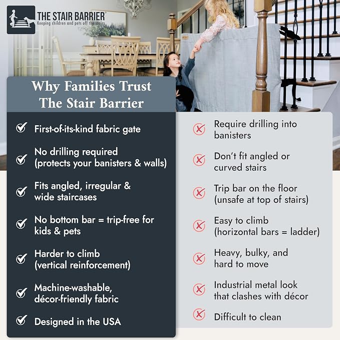 The Stair Barrier First Fabric Banister to Banister Baby Gates for Stairs 36”–42” Wide x 32” Tall– No Drill Baby Gate for Top or Bottom Staircase, Machine-Washable Climb Proof, Designed in USA, Grey