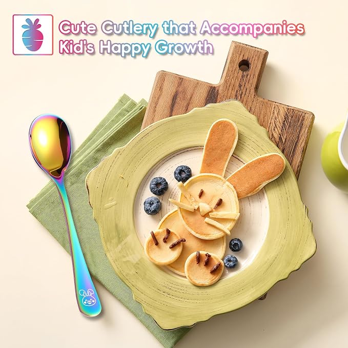 Stainless Steel Rainbow Toddler Spoons Set - 12 Pieces Food Grade Kids Spoons Set Safe Kids Silverware Children Small Spoon Metal Toddler Utensils Mirror Polished Sturdy and Durable Dishwasher Safe