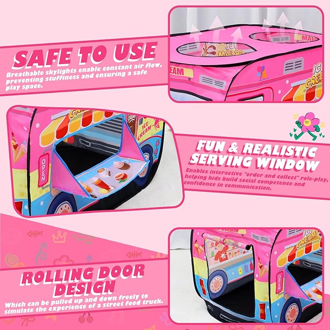 Ice Cream Truck Instant Play Tent for Kids, Play Tent One Second Setup Indoor Outdoor Children's Playhouse Foldable Pretend Play Toddler Toys Birthday Gift for Boys Girls Ages 3 4 5 6 Year Old