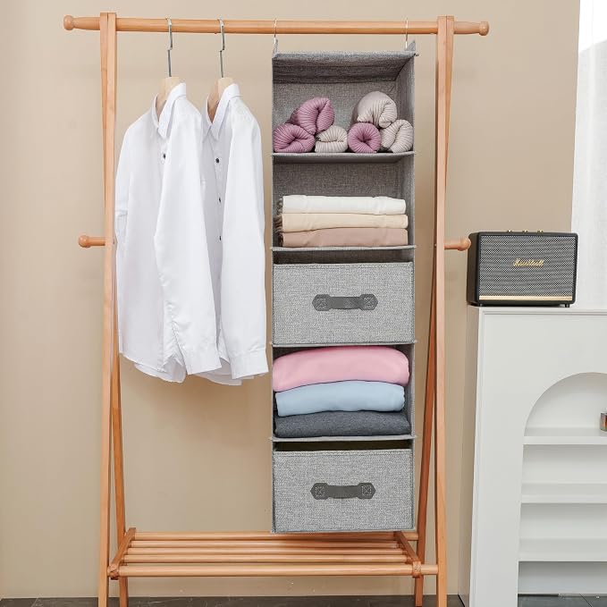 Large Hanging Sweater Organizer for Closet,Collapsible 6-Shelf Hanging Closet Shelves with Drawers, Washable (Grey-5 Shelf-2 d)