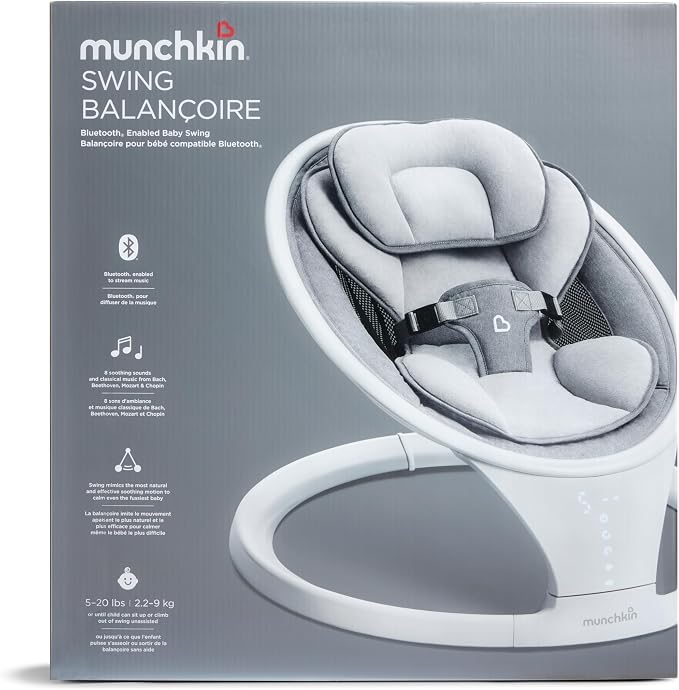 Munchkin Electric Baby Swing, Portable and Lightweight, Bluetooth Enabled Infant Rocker with Natural Sway in 5 Ranges of Motion, Newborn Nursery Essentials, White/Grey