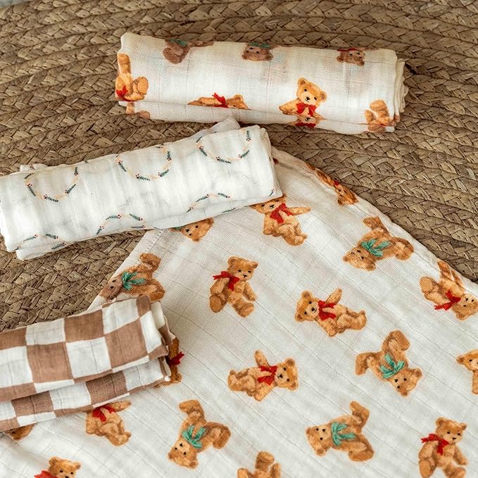 GLLQUEN BABY Receiving Blanket Boy Cotton Muslin Swaddle Blankets Girl Newborn Squares Breathable & Soft Thin Baby Blankets Cloths Double Absorbent Infant Swaddling Wrap - 6 Pack (Christmas Bear)