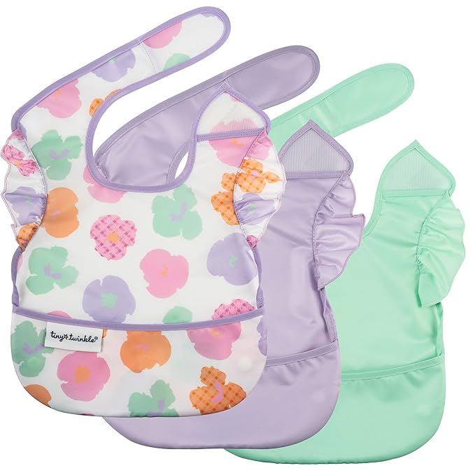 Tiny Twinkle Mess-Proof Baby Bibs for Eating | Waterproof, Wipeable Toddler Bibs with Catch-All Pocket | Feeding Bibs for Girls & Boys(3 Pack, Floral Pop)