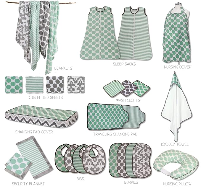 Bacati Ikat Mint/Grey Dots/Stripes Swaddling Muslin Blankets Set of 4