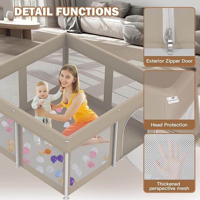 Foldable Baby Playpen 50"×50", Playard for Babies and Toddlers, Portable Safety Baby Fence Lightweight,No Installation, Indoor & Outdoor Playpen with Ocean Balls*50, Beige