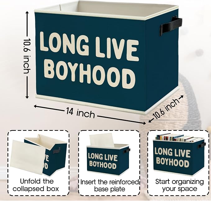 Long Live Boyhood Boys Storage Bins Box with Handles, Blue Pattern Collapsible Basket Organizer for Kids Teen Boy Nursery Room Bedroom Bathroom Playroom Toys Books Clothes