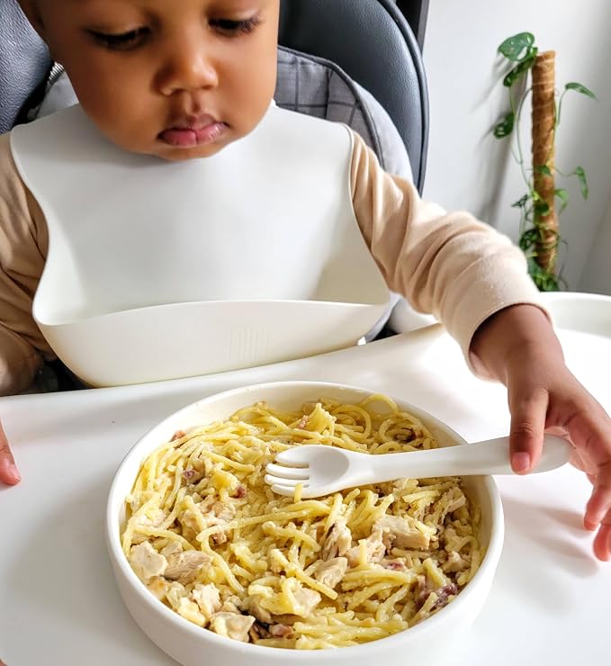 SMPL Premium 13 pc Baby Led Weaning Silicone Eating Utensils Essentials Set- Minimalist Plate Bowl Covers Cup Straw Forks Spoons Bib White Gift Infants Toddlers Birthday Baby Shower First Time Parents