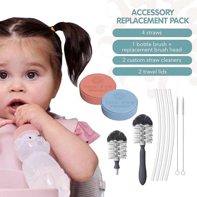 The 730 Project Honey Bear Cup Accessory Pack, 4 Straws and 2 Travel Lids for Honey Bear Straw Cup for Babies with Bottle Brush and Straw Cleaner Brush (Blue)