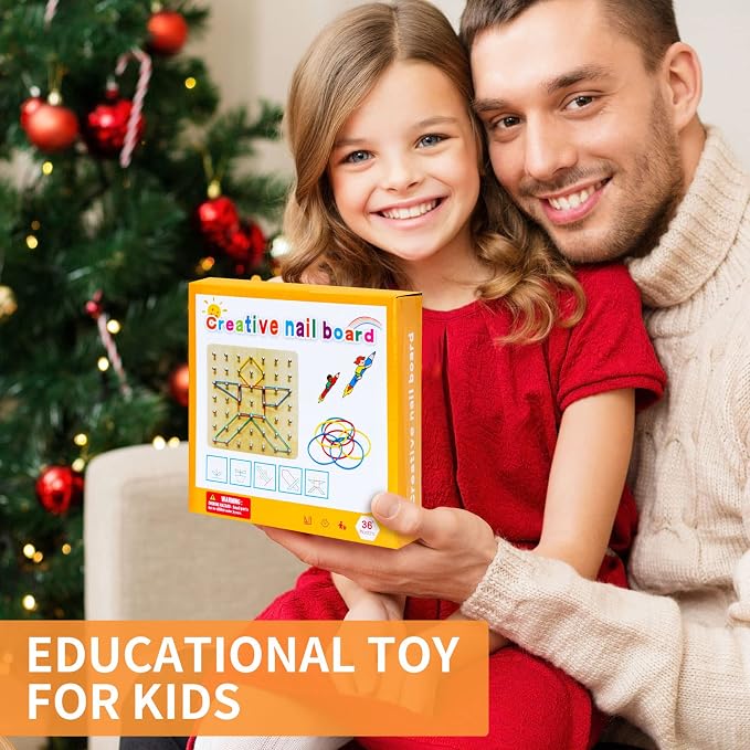 HEELWIRE Wooden Geoboard,Montessori Toy,Graphical Mathematical Education Toy for Kids with Pattern Cards and Rubber Bands to Figures and Shapes, Brain Teaser STEM Toy Geo Board (6 * 6 * 0.6 in)