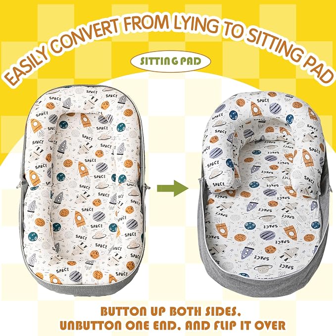 Tummy Time Mat, 2-in-1 Convertible to Backpack, Premium Memory Foam Baby Play Mat, Removable Machine Washable Cover, Foldable for Floor, Couch & Travel, Spaceship