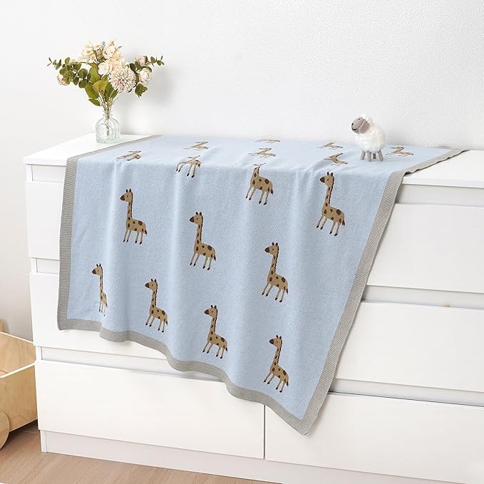 Opewod Soft Cotton Knit Baby Blanket with Cute Deer Print 40x30in Newborn Receiving Blanket Swaddle Cuddle Blanket for Crib, Stroller, or Nursery for Infants & Toddlers Light Blue