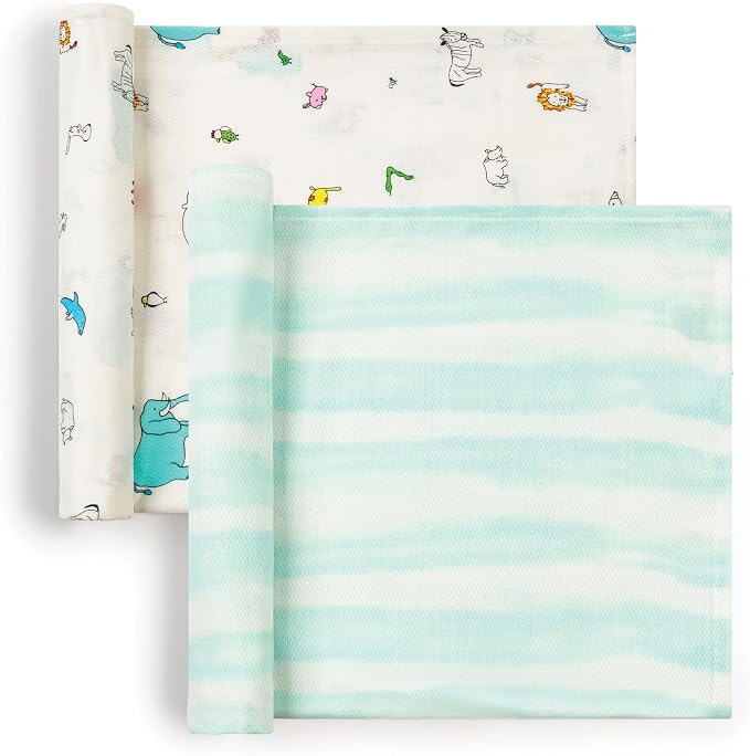 Tiny Twinkle Kaffle Swaddle Blanket 2-Pack - Soft and Silky Baby Blanket to Wrap and Swaddle Newborns, Sized 47 x 47(Ocean Stripe)