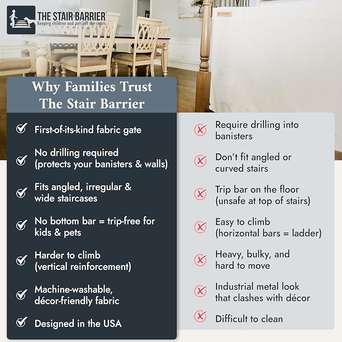 The Stair Barrier First Fabric Banister to Banister Baby Gates for Stairs 42”–52” Wide x 32” Tall– No Drill Baby Gate for Top or Bottom Staircase, Machine-Washable Climb Proof, Designed in USA, Cream