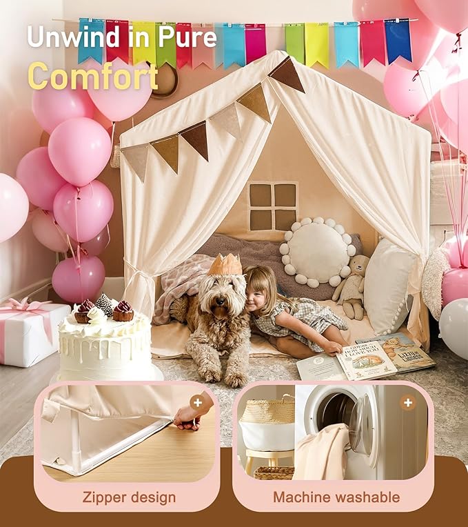 Little Dove Kids Tent, Play Tent with Star Lights, Large Play Tents with 2 Windows, Kids Playhouse Indoor & Outdoor, Reading Nook, Christmas Toddler Tents for Girls & Boys, 52" x35" x 51", Cream