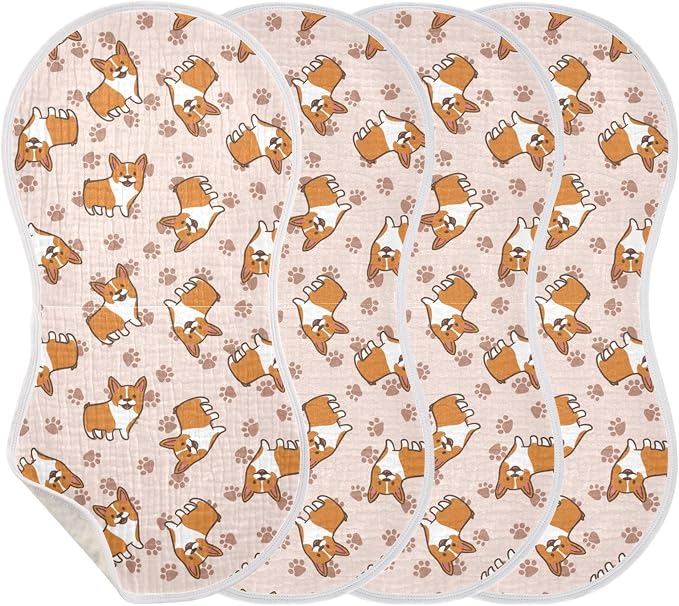 vvfelixl Baby Burp Cloths Cartoon Corgis Baby Newborn Cotton Burping Cloths Set Baby Washcloths 4 Pack Flesh-Colored