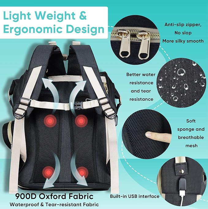 ZRSUN Baby Diaper Bag Backpack,Baby Shower Gifts, Multifunctional Travel Diaper Bag, Gifts for Mom with Portable Diaper Pad (Black)