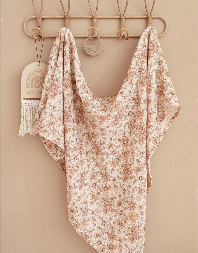 Konssy Muslin Swaddle Blankets for Boys Girls, 2 Pack Receiving Baby Blanket Large 47 x 47 inches, Soft Breathable Swaddling Wrap for Unisex Newborn (Vintage Petals,Taupe)