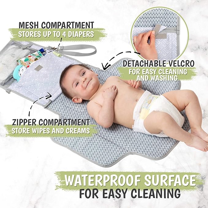 KeaBabies Diaper Bag Backpack with Portable Diaper Changing Pad - Waterproof Multi Function Baby Travel Bags - Grey PVC Changing Mat