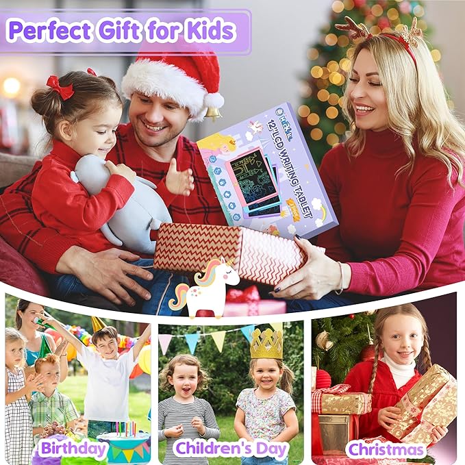Hockvill LCD Writing Tablet for Kids 12 Inch, Kids Learning Toys Drawing Pad for Girls Boys, Unicorn Doodle Board for Toddlers 3 4 5 6 7 8 Year Old Travel Essentials, Christmas Brithday Gifts for Kids