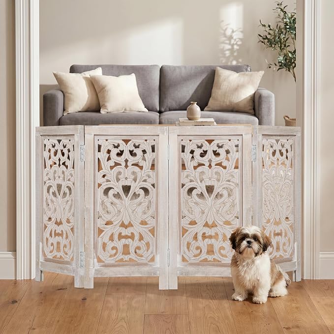 Decorative Wooden Pet Gate, Dog Fence, Cat Gate, Foldable, Adjustable, Portable, Extra-Wide, Wooden Dog Barrier, Free-Standing Puppy Gate 4 Panels for Indoor, Doorways, Stairs-26x52 Inch White Wash