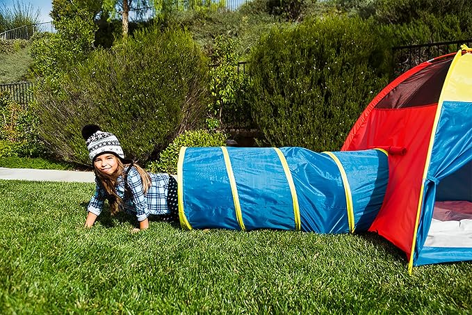 Pacific Play Tents 20414 Kids Hide-Me Dome Tent and Crawl Tunnel Combo for Indoor/Outdoor Play Red/Yellow/Blue Large