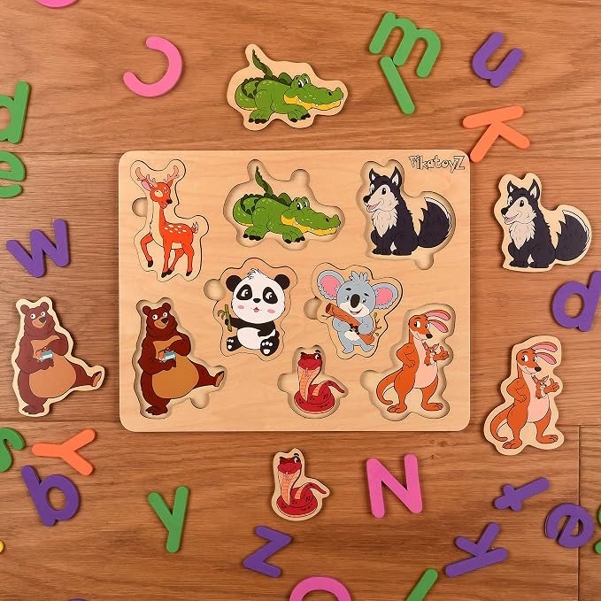 Wooden Puzzle, Forest Animals, 8 Pieces, Ages 1-3, Montessori Toy for Gifts, Educational Game for Babies and Children, Portable Baby Puzzles
