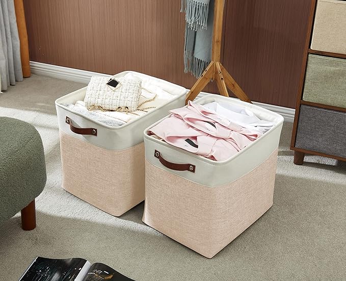 DECOMOMO Extra Large Storage Baskets, 54.5L Fabric Storage Bins for Organizing Linen Closet, Nursery (Khaki & White, XXXL - 3 pack)