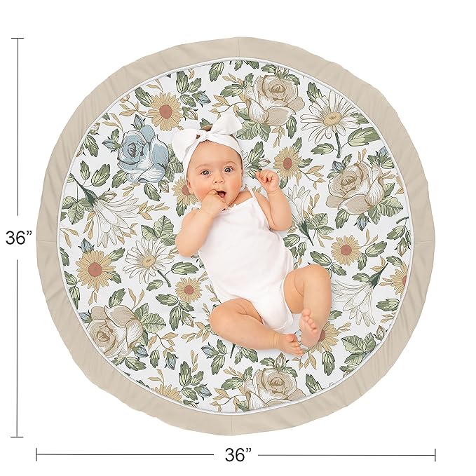Sweet Jojo Designs Vintage Floral Blue Yellow Girl Baby Playmat Tummy Time Infant Play Mat - Slate Green Gold Orange Taupe Beige White Shabby Chic Rose Flower Boho Bohemian Farmhouse Roses Wildflower