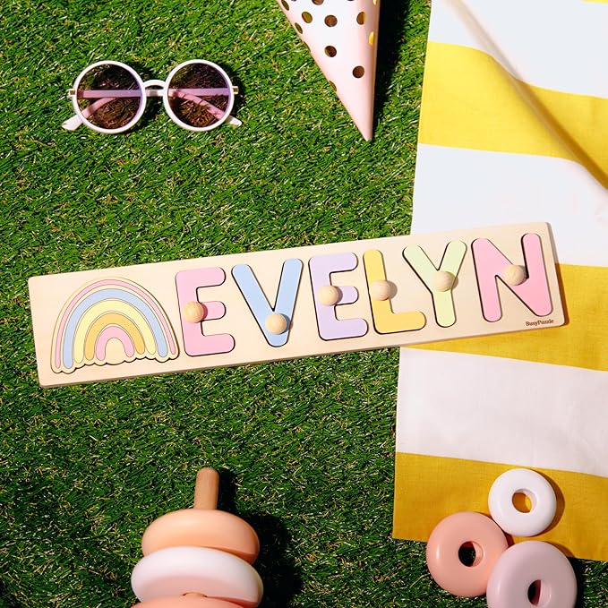 Personalized Name Puzzle Montessori Toys Nursery Decor Customized Puzzle Educational Toy for a 1 Year Old Gifts Kids Name Sign for Nursery Easter Present for Baby (Purple Pink)
