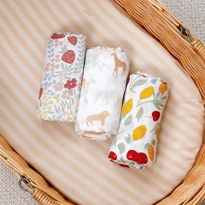 Muslin Swaddle Blankets for Baby Boys and Girls,3 Pack Breathable Soft Receiving Blanket,Large 43.3X 43.3 inches,Newborn Essentials Must Haves(Floral and Animal)