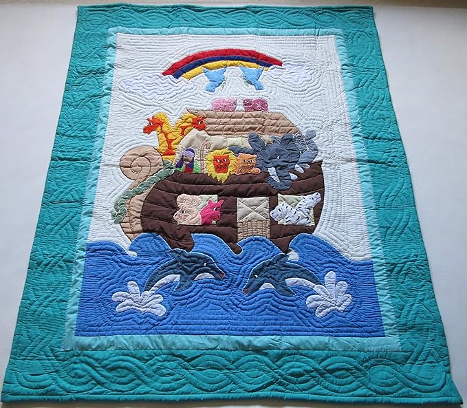 Hawaiian Quilt Crib Baby Comforter Blanket wall Hanging Hand Quilted and Machine Embroidered Noah's Ark
