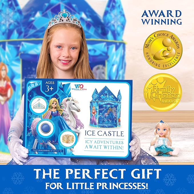 W&O Frozen Princess Tent for Girls with Magical Sound Button, LED Lights, Crown & Wand ??Indoor & Outdoor Frozen Tent for Girls Ages 3-7