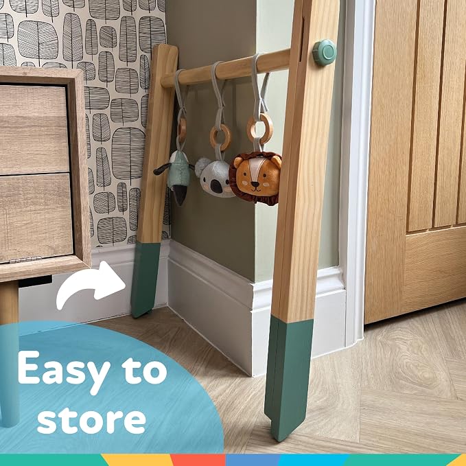 Nuby Animal Adventures Wooden Baby Play Gym with Hanging Toys - Supports Early Infant Development - Easy to Fold for Storage and Travel