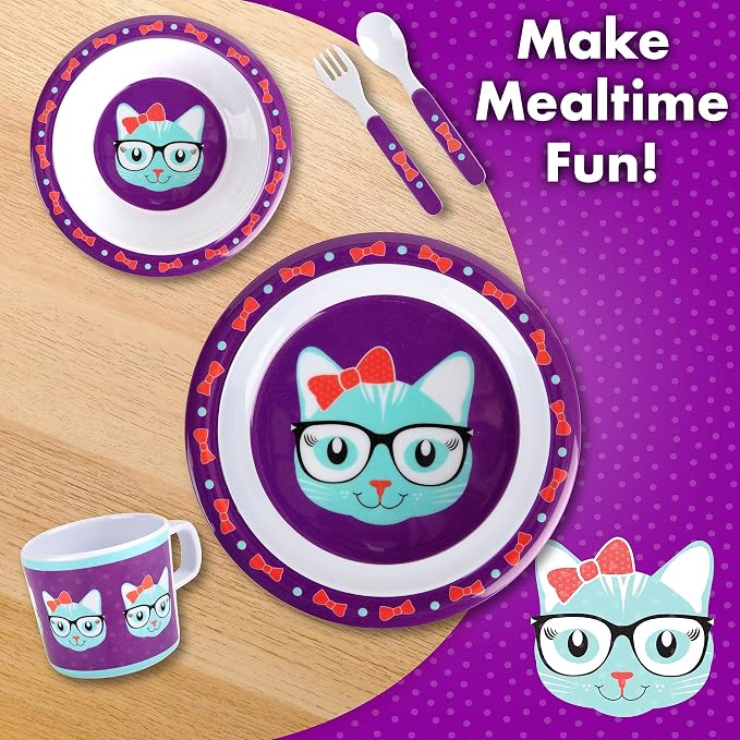 Bentology 5 Pc Mealtime Set for Kids - Kitty Cat Theme - Includes Raised Edge Plate & Bowl, Cup, Fork & Spoon - Dishwasher Safe, BPA Free - Cute Durable Dish, Easy Self-Feeding - Gift for Toddlers