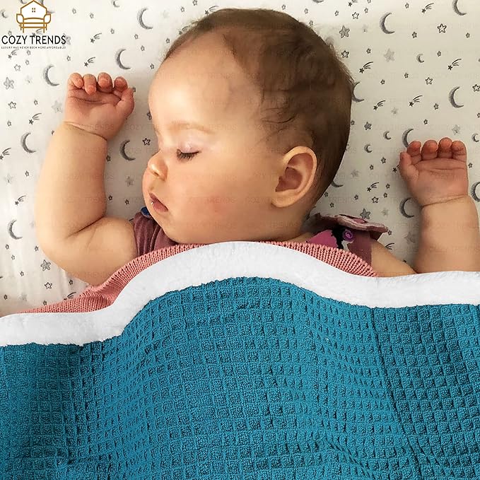 Luxurious Cotton Unisex Baby Boy Girl Blanket Waffle Weave with Sherpa Backing Soft Cozy 30''x40'' Receiving Crib Stroller Nap Blanket (Teal)