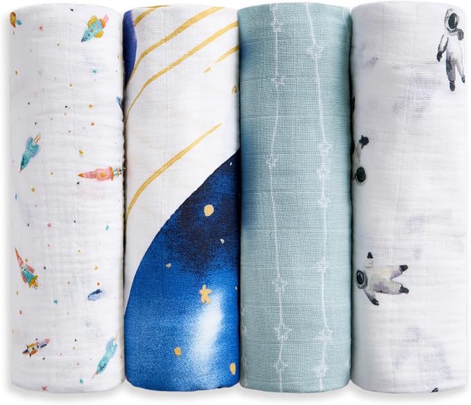 aden + anais 100% Organic Cotton Muslin Swaddles, Breathable Baby Blanket, Ideal for Boys, Girls, Newborns, Babies & Infants, Receiving Blanket, Soft and Lightweight Wrap, 4 Pack, Space Orbit