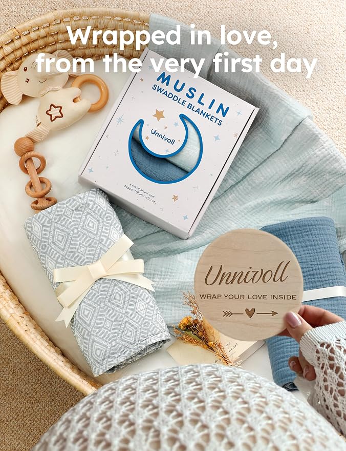 Unnivoll Muslin Swaddle Blankets for Newborns, 100% Cotton Receiving Blankets, Large 38 x 40 inches Baby Swaddle Blanket for Baby Boys and Girls, Soft Breathable Infant Baby Essentials 3 Pack Blue
