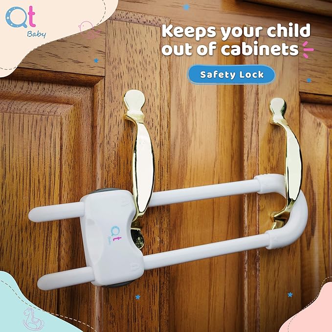 QT BABY Baby Proofing Cabinet Locks | Adjustable U Shaped Baby Safety Latches for Drawers, Fridge, Closet |Modern Baby Proofing Cabinet Lock with Extra Secure Lock Buttons (Pack of 2, White)