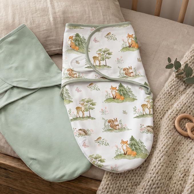Baby Swaddles for Newborn Organic Cotton, Soft & Snug Velcro Swaddle 0-3 Months Sleep Sack Helps Calm Startle Reflex, 2-Pack Wrap Nursery Swaddling Green Jungle Animals