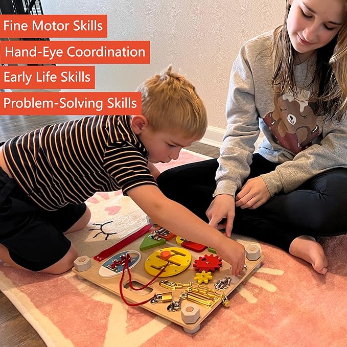 Montessori Large Double-Sided Busy Board for 1 2 3 4 Year Old- Wooden Sensory Toys -Fidget Activity Board for Toddlers Boys and Girls- Motor Skills Gifts for ADHD & Autistic Children Kids