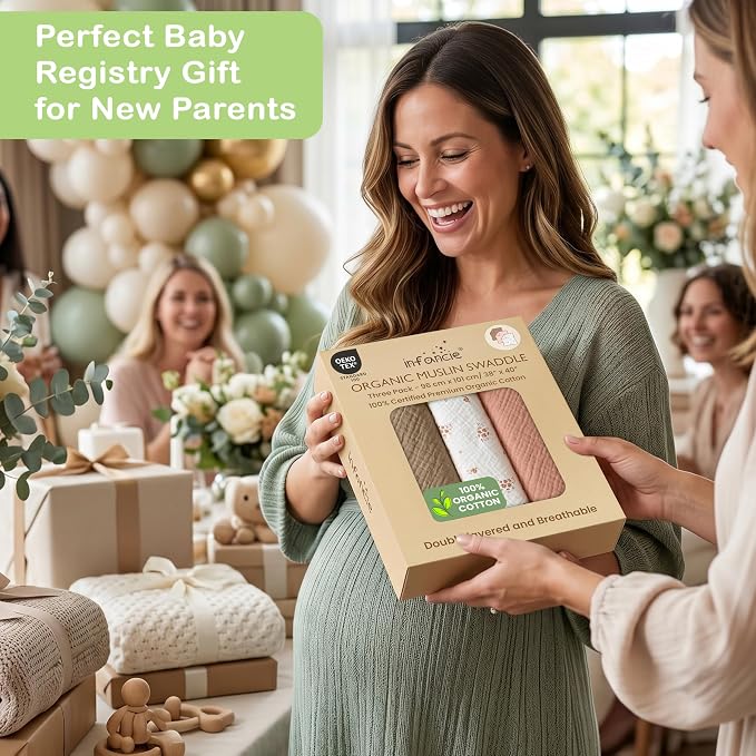 Organic Muslin Baby Blanket 3-Pack Olive, Cinnamon & Wildflower, 38x40 Inch 100% Organic Cotton Oeko-TEX Certified Ultra-Soft Swaddle Blankets for Newborn, Baby Girl Shower Gift Set