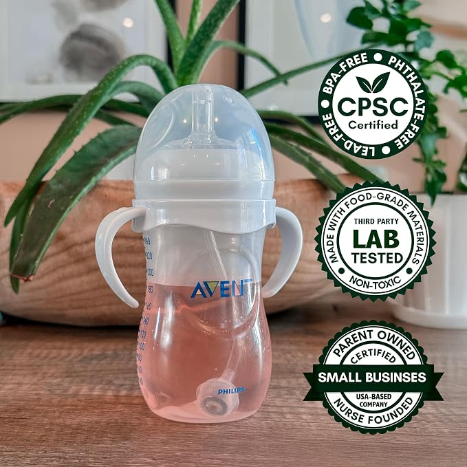 Straw Cup Conversion Kit for Philips Avent Natural Baby Bottles 2-Count, Food Grade Silicone Straw Nipples and Weighted Straw, Bottle Handles, Cleaning Brush, BPA-Free, Sippy Transition, 6+ Months