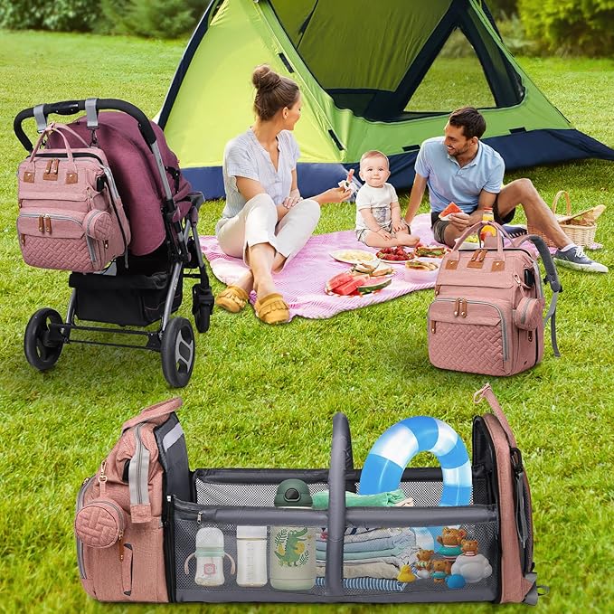 Baby Diaper Bags with Changing Station, Large Capacity Diaper Bag Backpack for Moms Dads with USB Charging Port,Travel Baby Bag with Pacifier Case & Stroller Straps(Up-Pink)