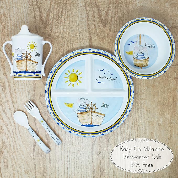 Baby Cie Kids and Baby Melamine Place Setting Sippy Cup, Suctions Bowl, Section Plate and Fork Spoon Set (ADVENTURE AWAITS)