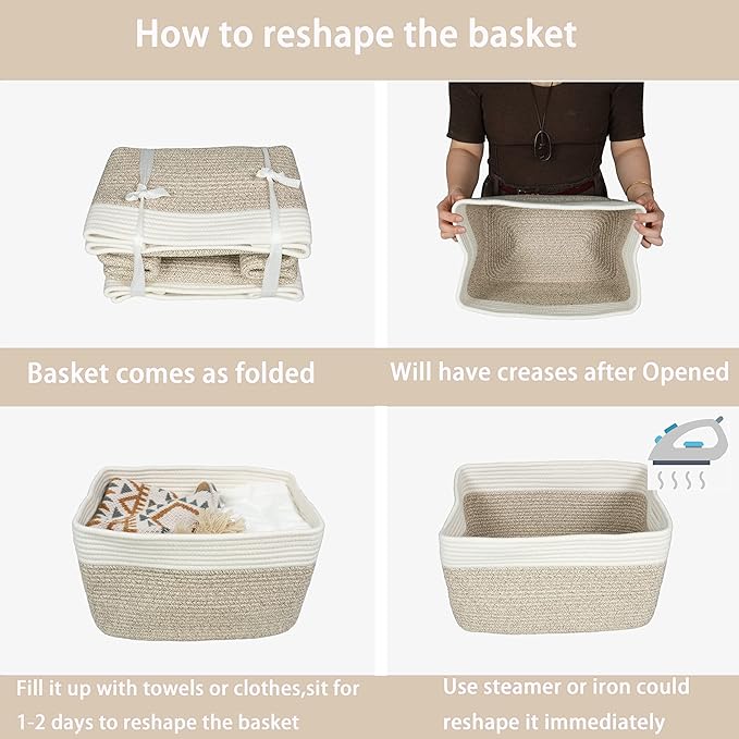 Cotton Rope storage Basket Bins Woven Basket for Organizing Shelves 15X10X9.3" Rectangle Decorative Baskets For storage Clothes Toys Books Towels Nursery basket organizer 3 pack white and brown