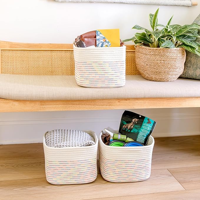 NaturalCozy Storage Cubes 9?�x9?�x7?�Cotton Rope Woven Baskets for Organizing 3-Pack | 9 Inch Cube Storage Bin | Small Basket for Shelf Nursery, Pantry, Decorative Plant, Bathroom Closet, Toy Gift