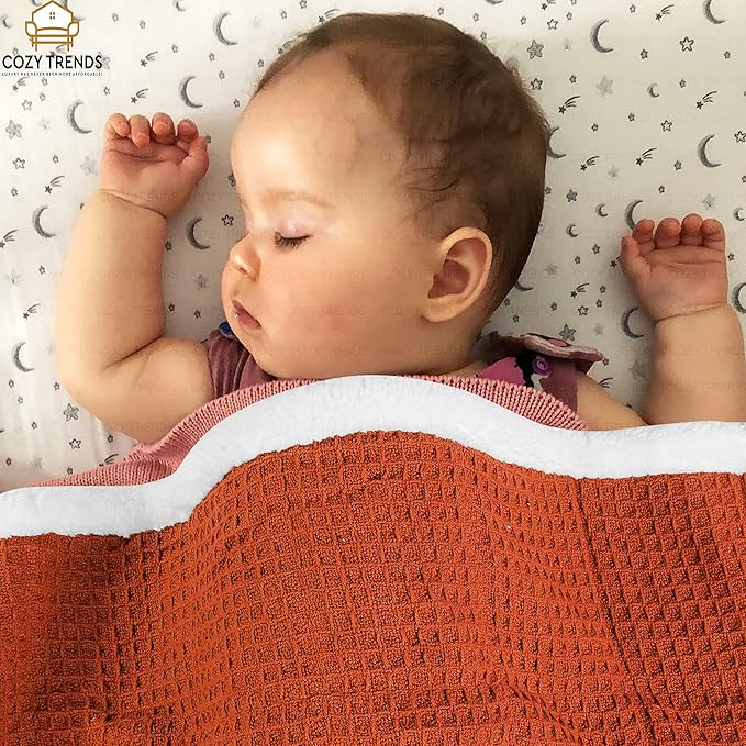 Luxurious Cotton Unisex Baby Boy Girl Blanket Waffle Weave with Sherpa Backing Soft Cozy 30''x40'' Receiving Crib Stroller Nap Blanket (Rust)