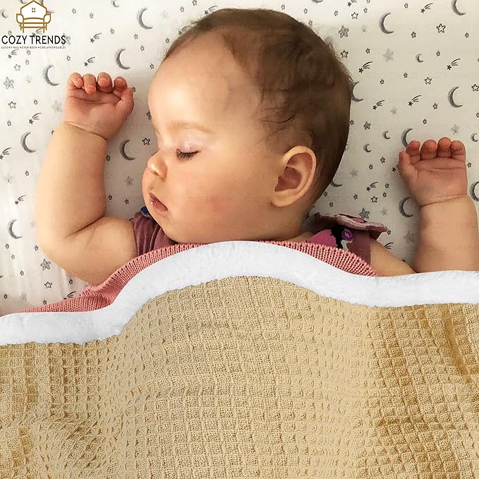 Luxurious Cotton Unisex Baby Boy Girl Blanket Waffle Weave with Sherpa Backing Soft Cozy 30''x40'' Receiving Crib Stroller Nap Blanket (Beige)